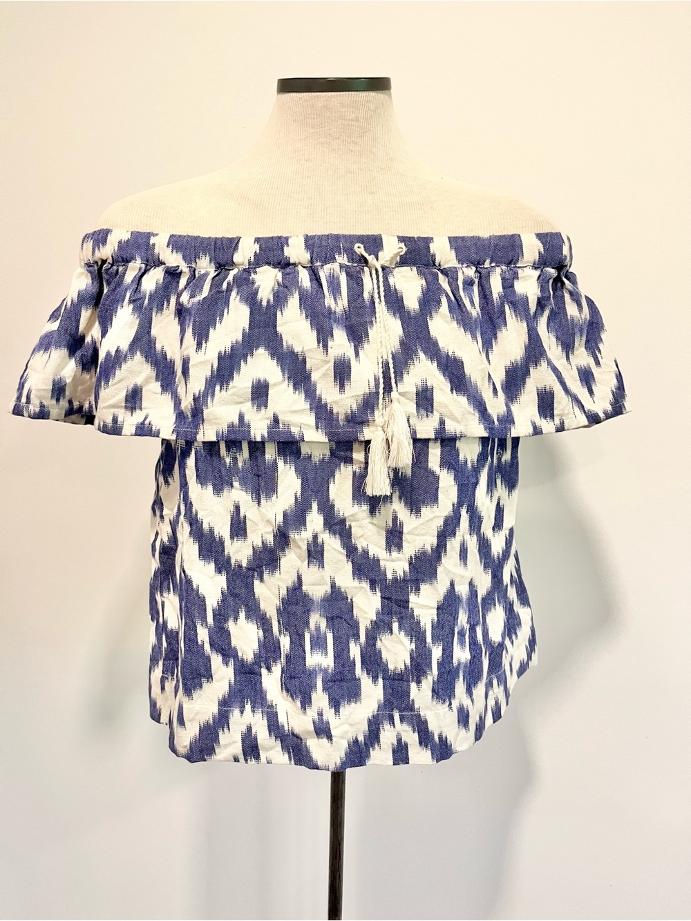 Madewell Blue & White Off-Shoulder Ikat Balcony Blouse Coastal Beach Summer Top - Picture 6 of 12